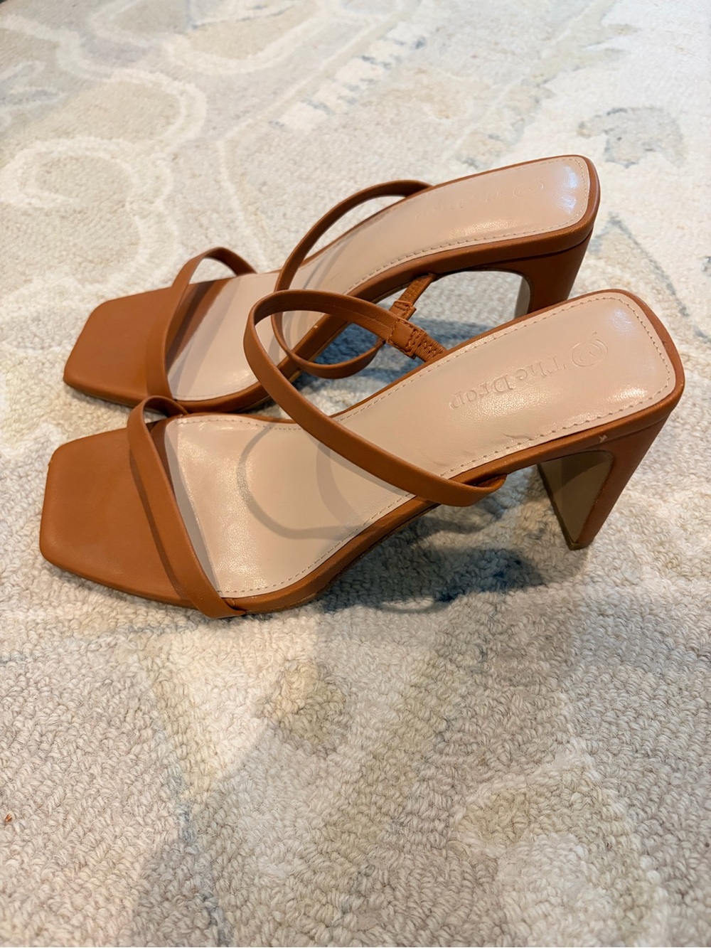 The Drop Tan:Brown Square-Toe Strappy Heel Sandals